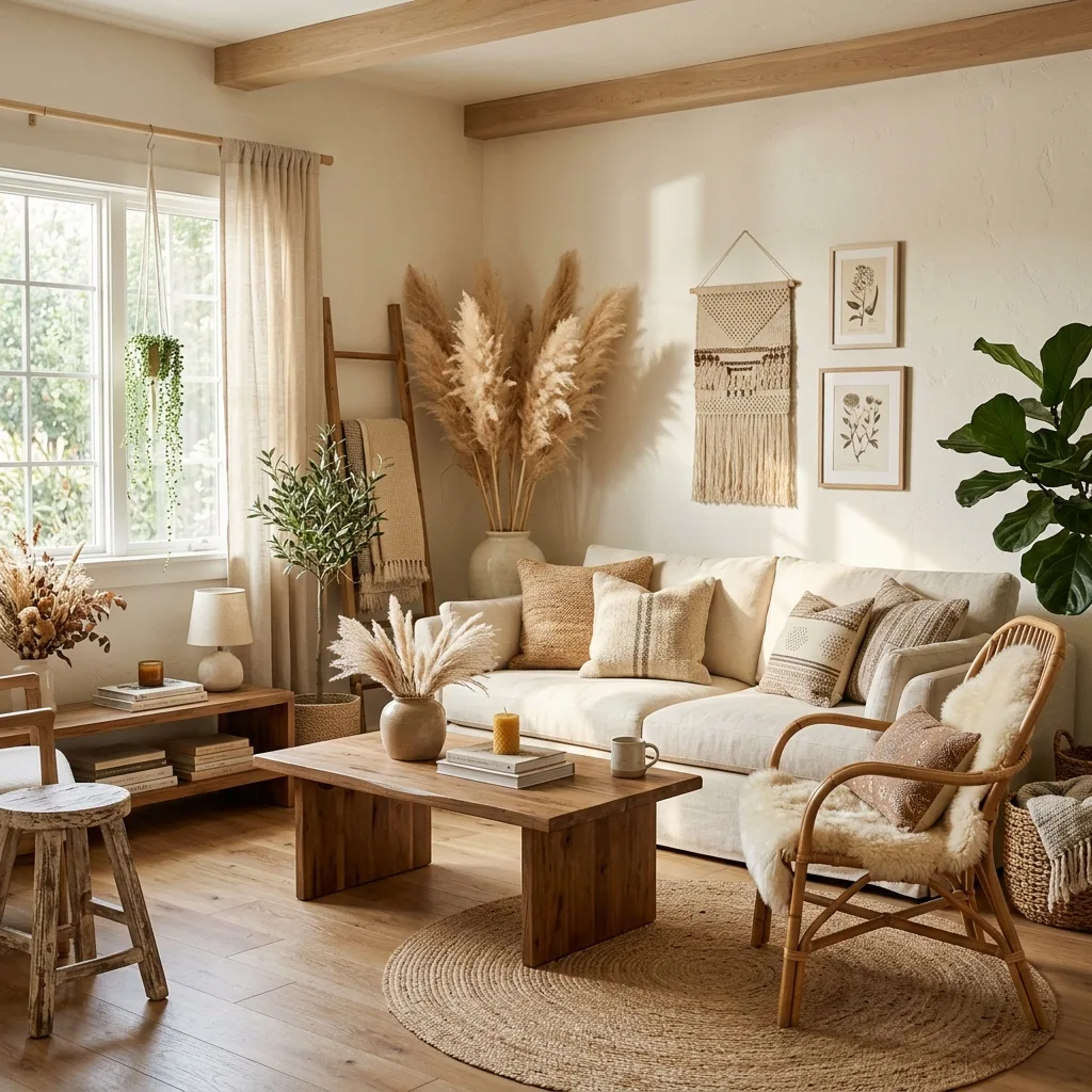 Neutral boho living room with rattan furniture and pampas grass